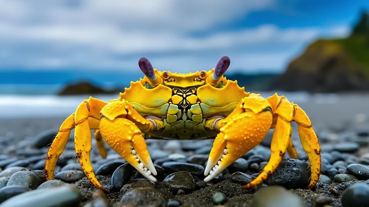 Een gele krab op een rotsachtig strand naast de oceaan