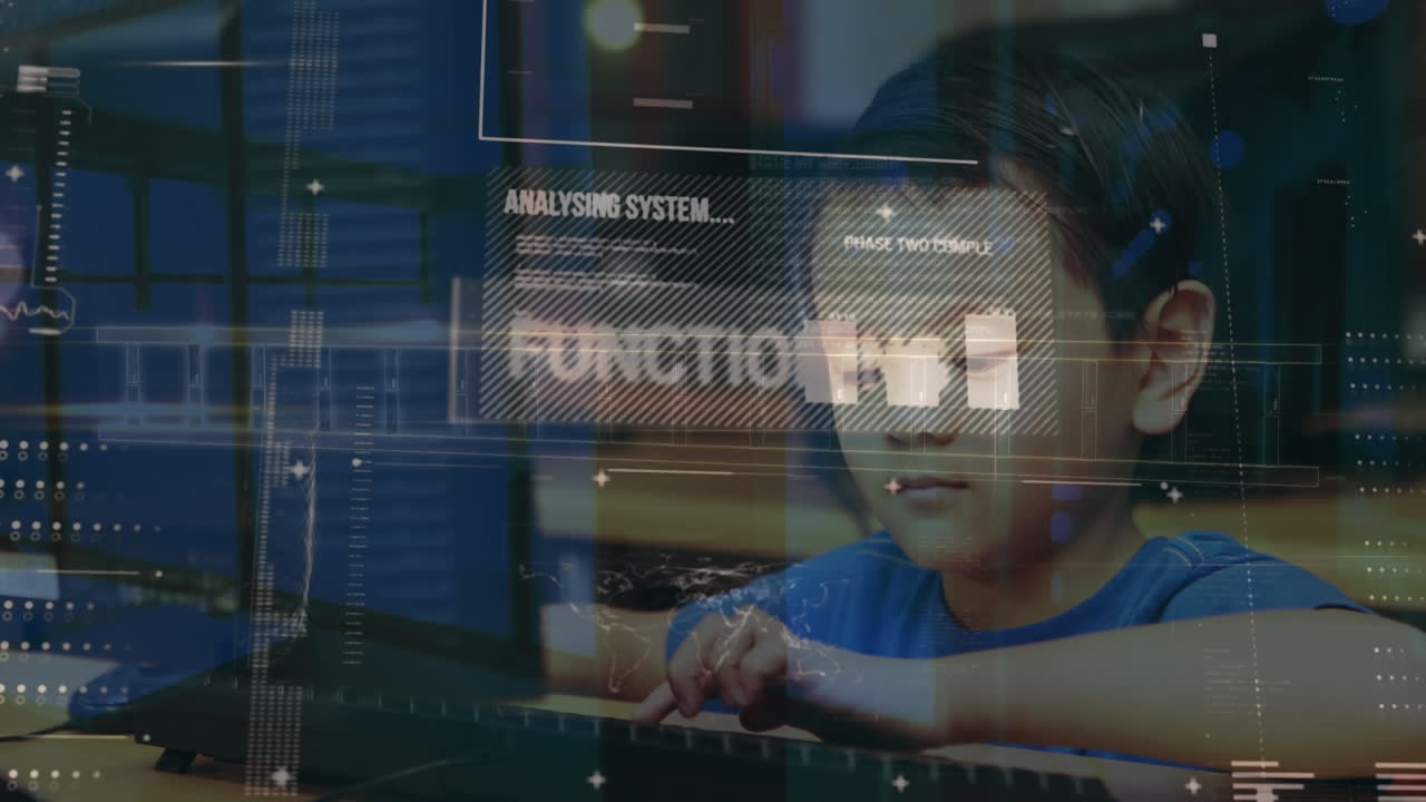Animation of interface with data processing over asian boy using computer at school