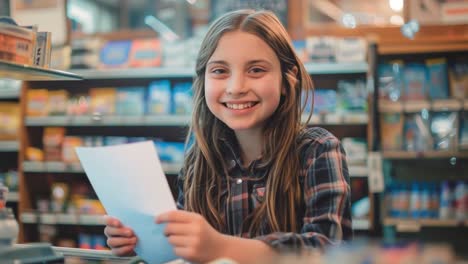 girl smiling in a store holding paper