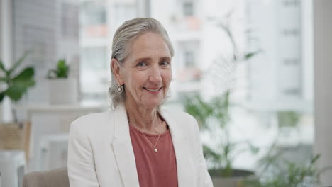 senior woman, face and smile in office of manager