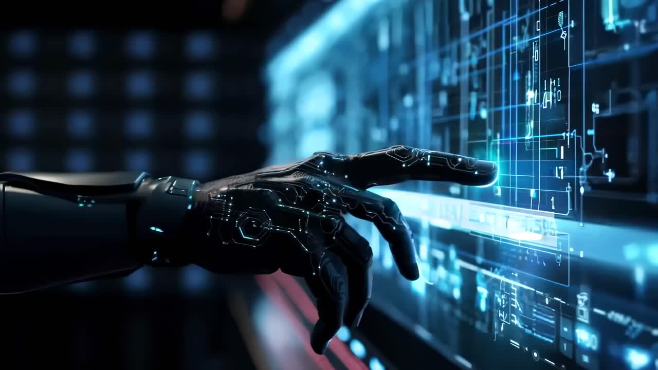 Futuristic video concept showing a robotic hand interacting with a digital interface