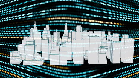 animación de la ciudad del metaverso sobre fondo negro con líneas verdes y amarillas