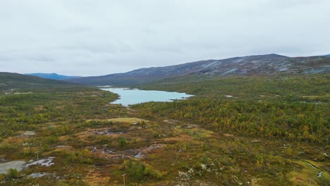 aerial over the forested hills and lakes near breheimen, norway