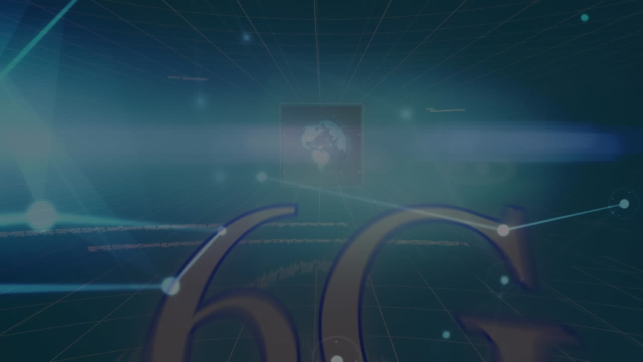 Animazione di una rete di connessioni su schermi con elaborazione dati su sfondo blu