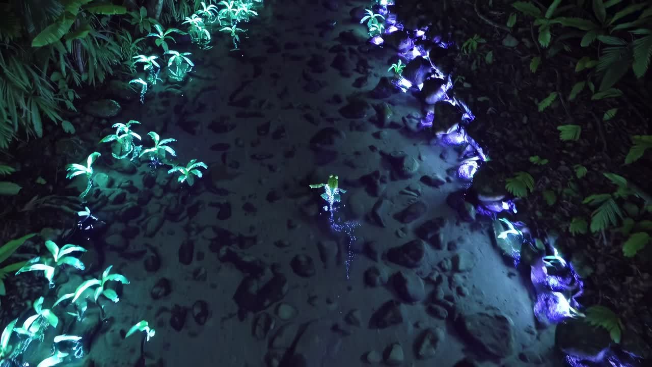 un arroyo brillante en el bosque nocturno