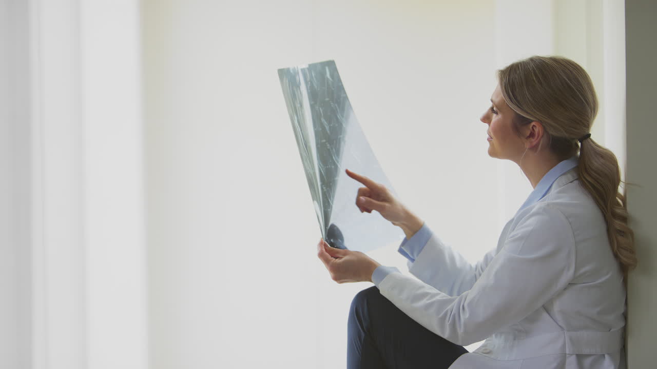 doctora con bata blanca sentada en el pasillo del hospital mirando una tomografía computarizada o una resonancia magnética