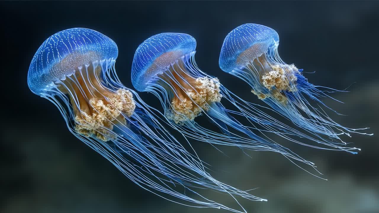 A Mesmerizing Display of Graceful Jellyfish Gliding Through the Ocean, Showcasing Their Ethereal Beauty and Delicate Tentacles in the Underwater Realm