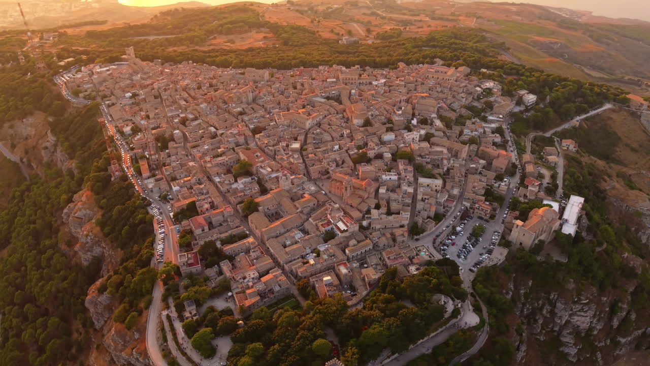 Aerial View Of Erice Village During Sunset In Sicily, Italy