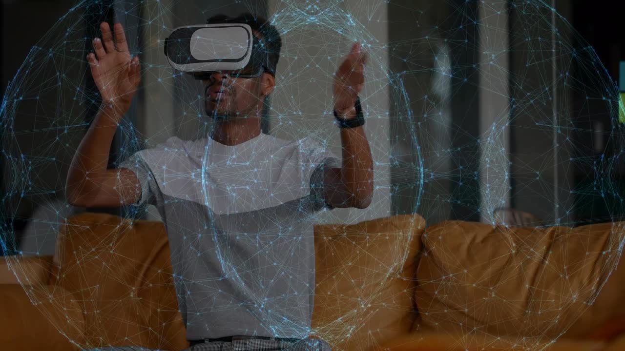 Animation of network of connections over biracial businessman using vr headset