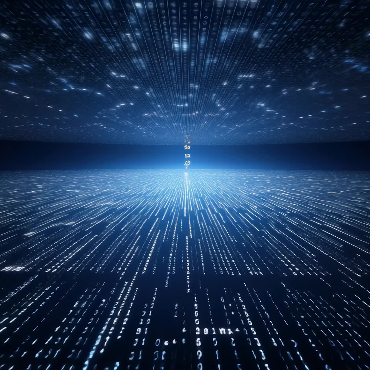 Futuristic digital landscape with a low-angle view, showcasing a matrix of glowing binary code