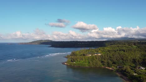 aerial view over hawaian coast of anini beach, kauai, hawaii