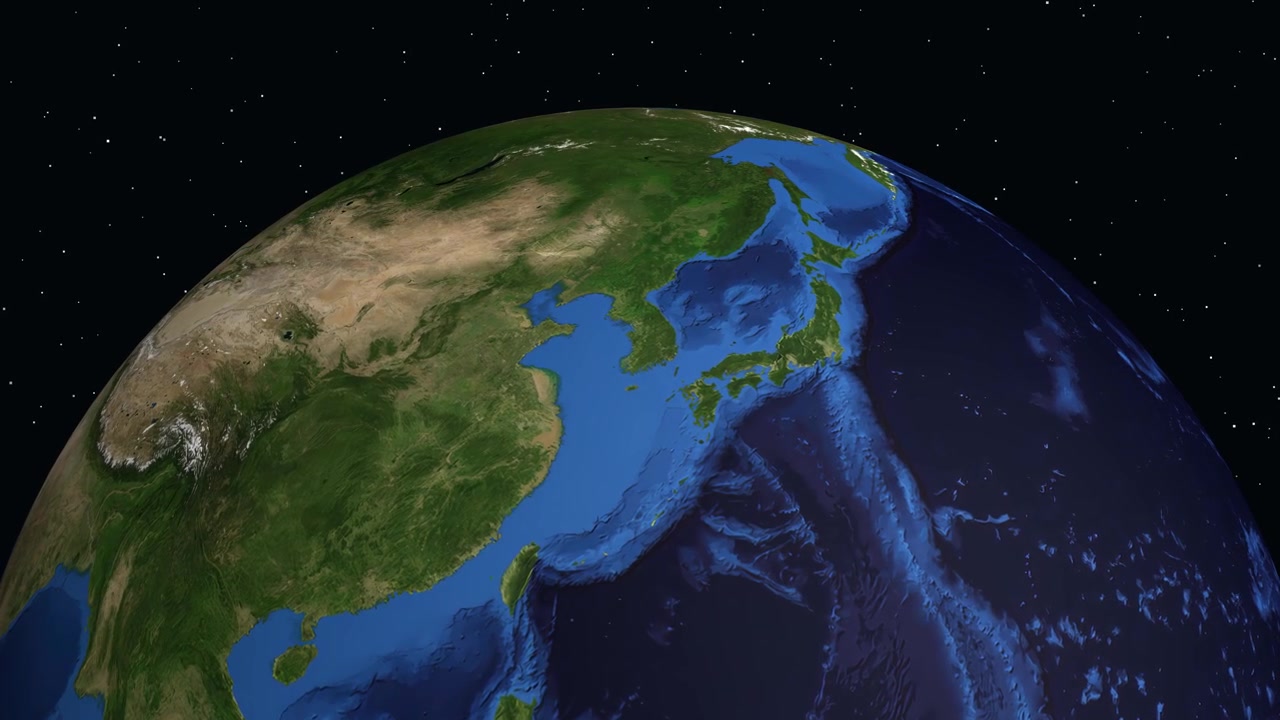 Animasi digital memperbesar dari tampilan Bumi global ke penanda lokasi tertentu di Korea Selatan.
