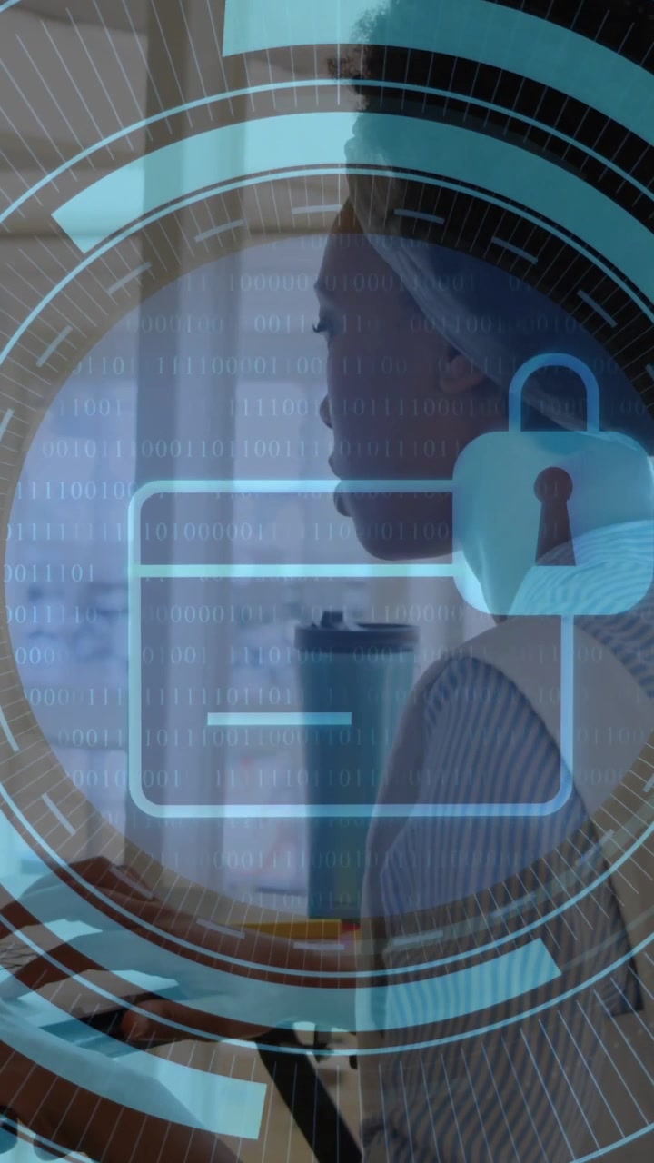 Vertical video: Sparks forming HUD overlay woman typing rings pulsing card locking for security