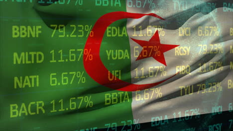 animation of stock market and globe over flag of algeria