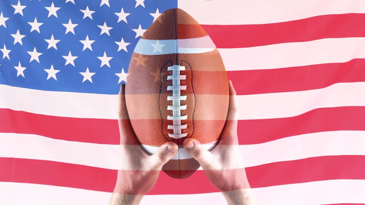 Animazione digitale di un giocatore di rugby che tiene una palla da rugby sullo sfondo della bandiera americana 4k