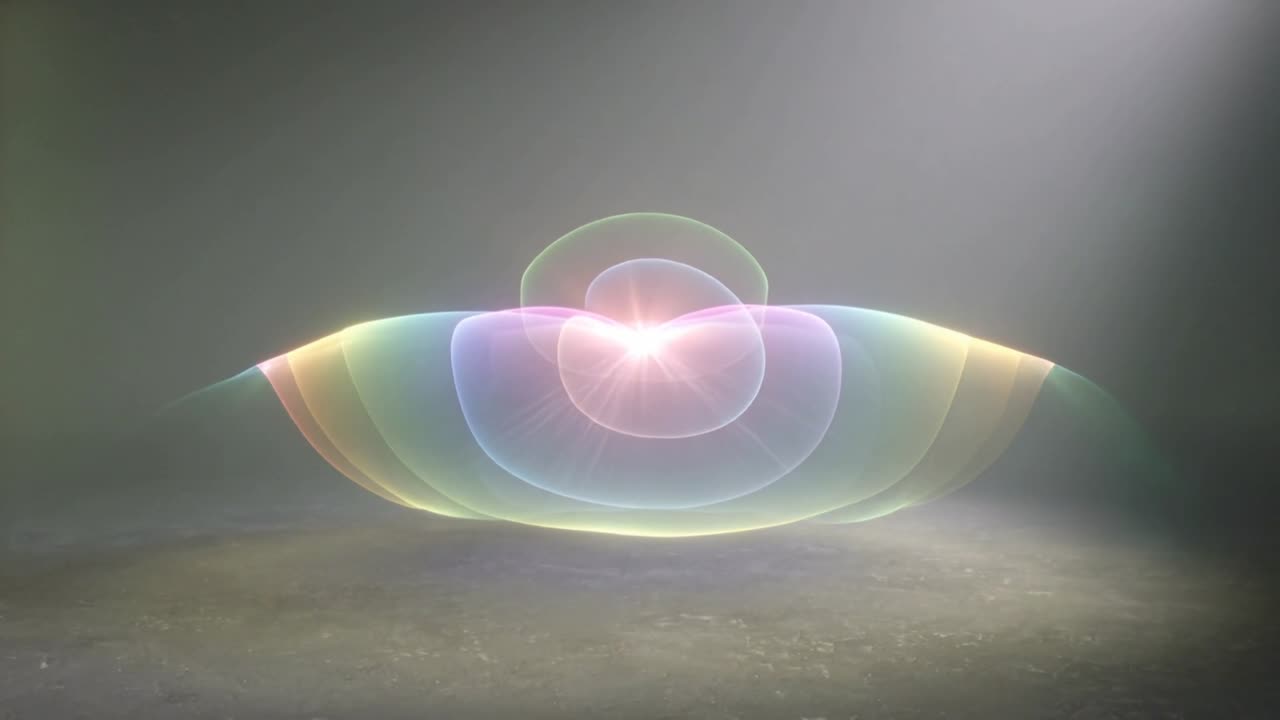 Brightening flare forming colorful layers, pulsing, making floor glow under right beam and haze