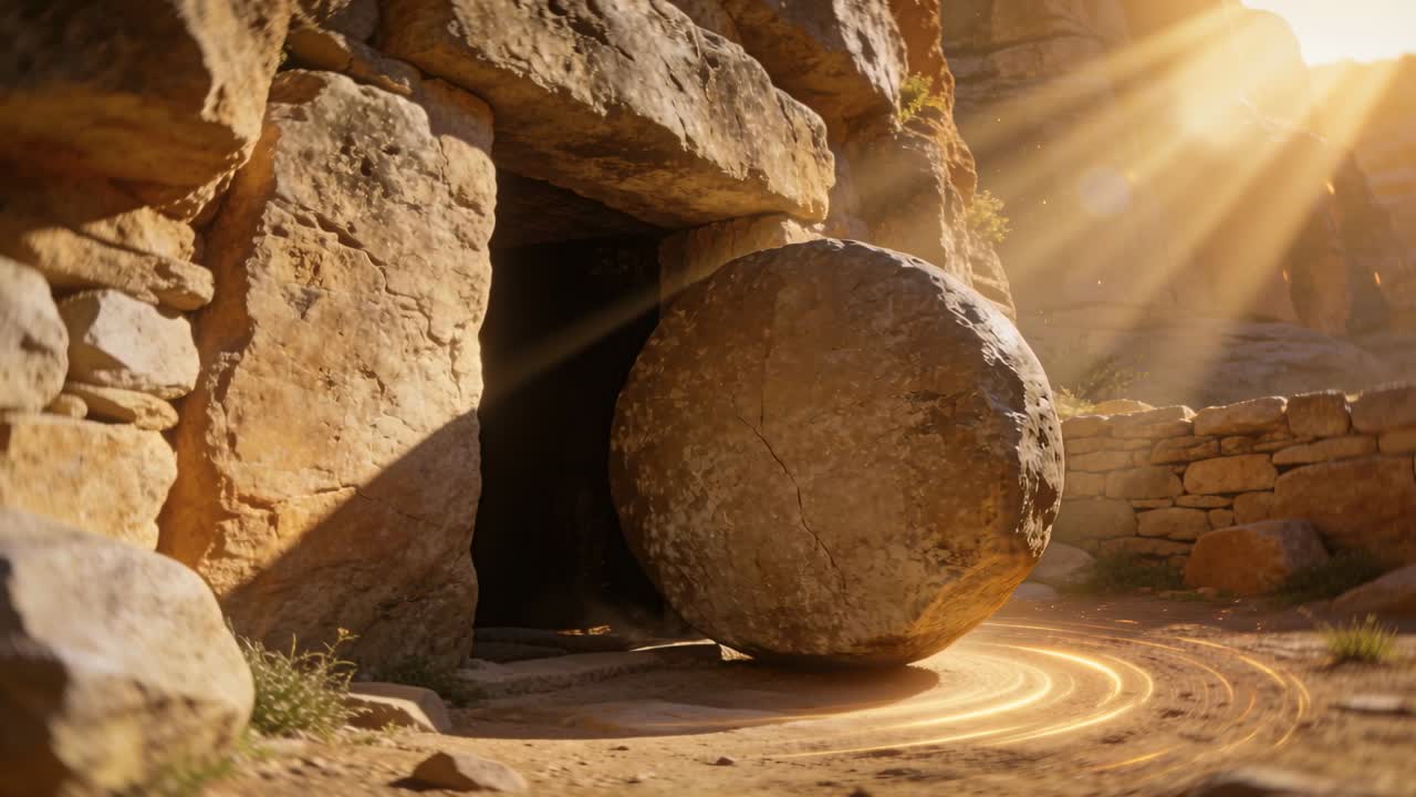 Il sole riscalda il terreno facendo ruotare una lastra verso l'esterno in una tomba arida, esponendo un interno buio e anelli di luce.