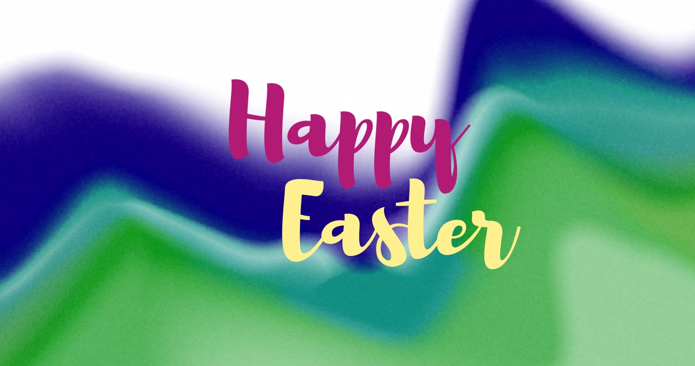 Animation of happy easter over white, blue and green blurred background