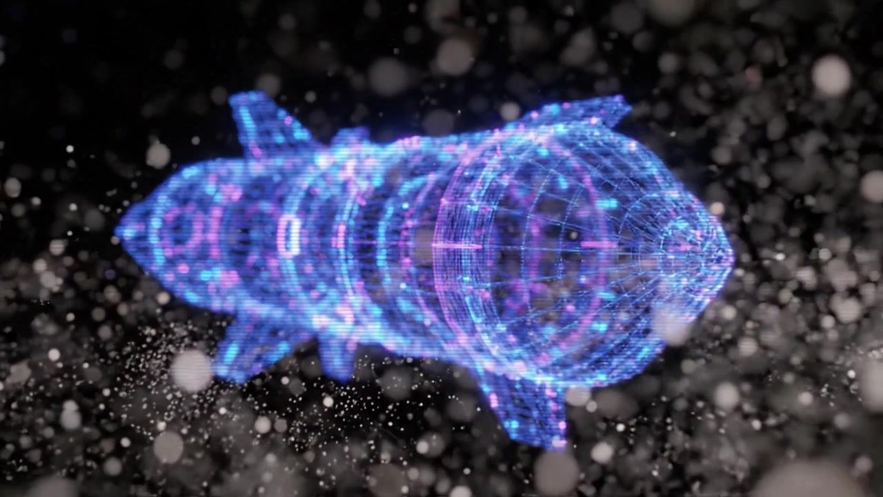 A Stunning Visualization of a Hypothetical Advanced Missile in a High-Tech Digital Environment with Dynamic Lighting and Particle Effects