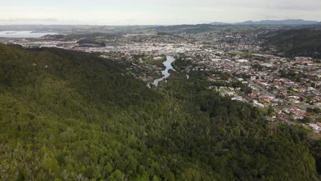 Vista-Aérea-De-Densos-Parques-Naturales-Y-Río-Hatea-Con-Edificios-Junto-Al-Río-En-Whangarei,-Isla-Norte,-Nueva-Zelanda