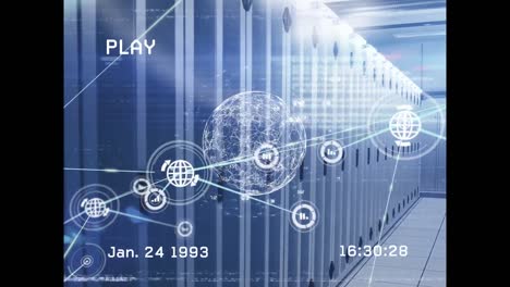 animation of play interface and network of connections with icons over computer servers