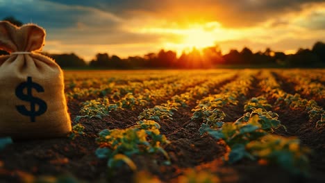 sunlit farm field with money bag. a money bag stands amidst green crops at sunset, symbolizing investment and prosperity in agriculture.