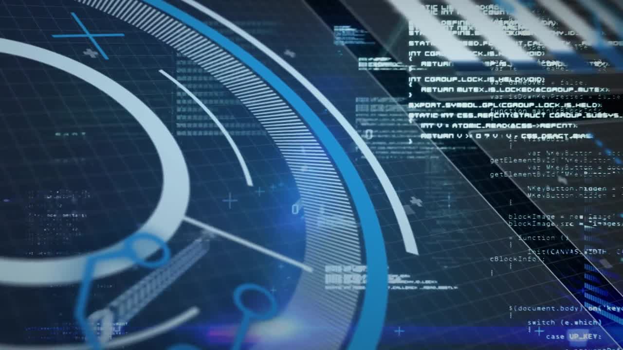 Animation of round scanner, interface with data processing and blue light trail on black background