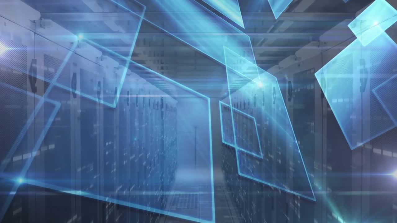 At start blue data panels drifting down left rotating to visualize data flow in server corridor