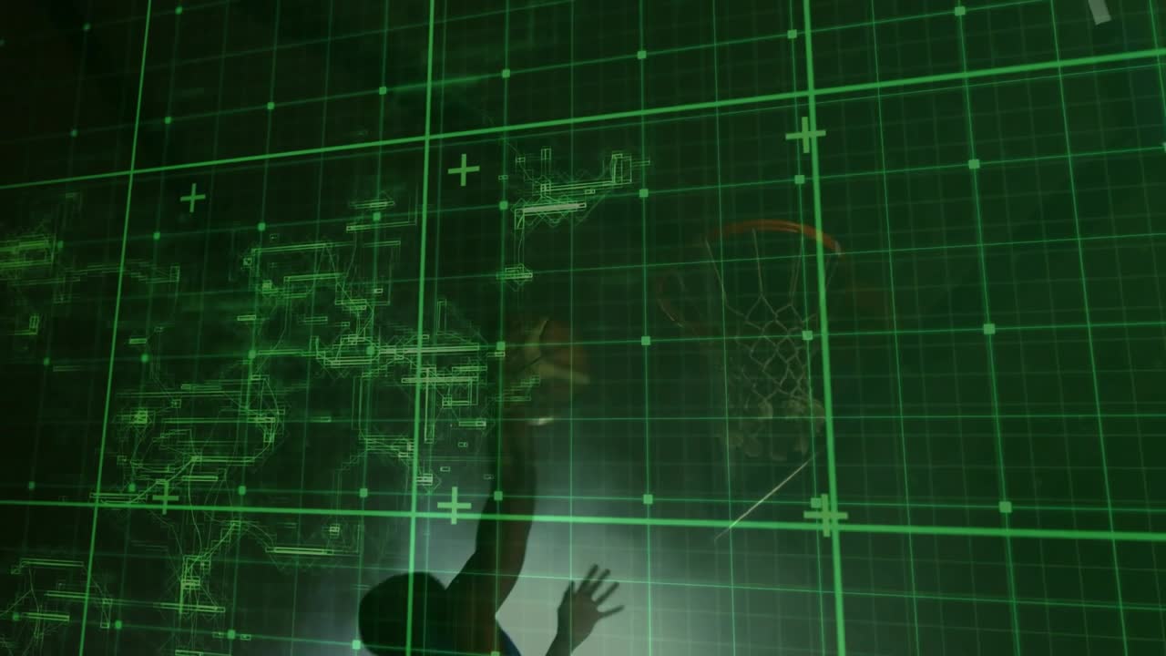 Sports tech green grid showing rim, male lifting and releasing ball toward rim, mapping returning