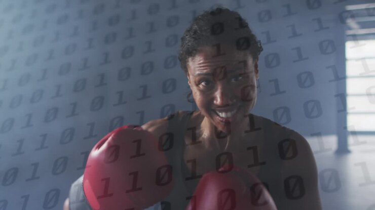 Animazione di numeri fluttuanti su una donna che indossa guantoni da boxe e sferra pugni nell'aria