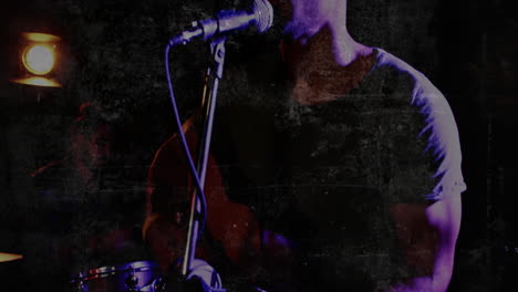 bandmates performing on club stage, with animated music notes and waveform graphics