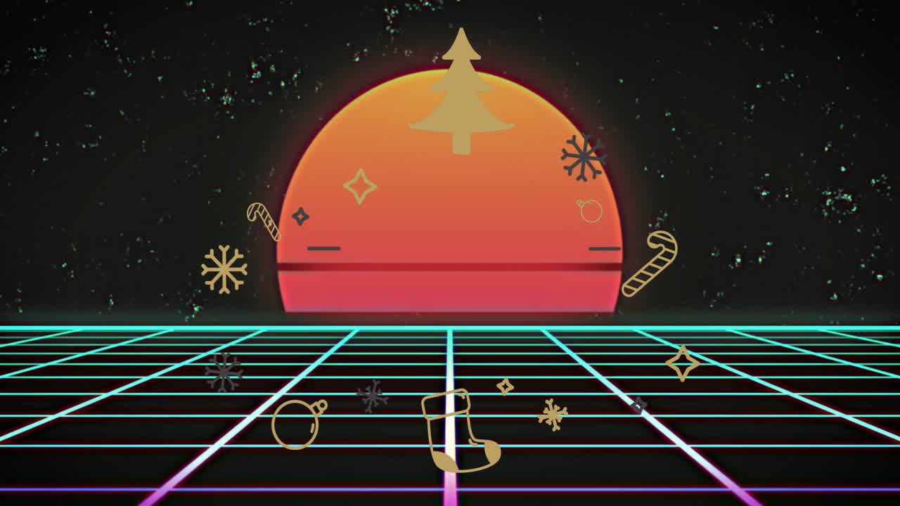 Animation of Christmas icons over retro sunset with grid pattern and starry sky