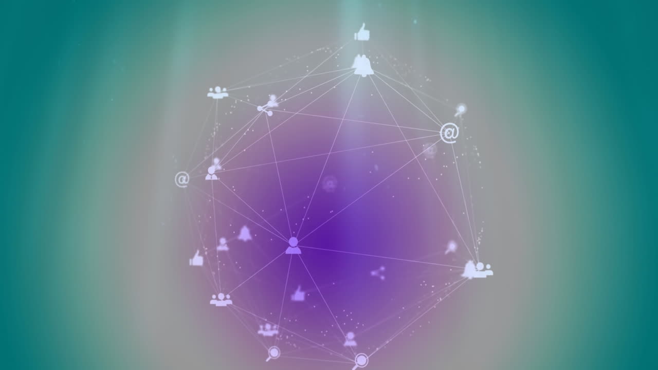 animación del patrón púrpura en iconos conectados que forman un globo contra un fondo azul