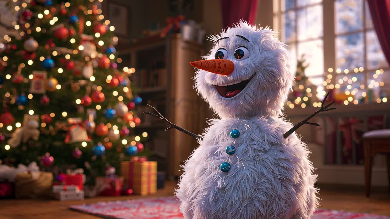 Opening shot showing snowman lifting twig arms, smiling and tracking tree lights for holiday cheer