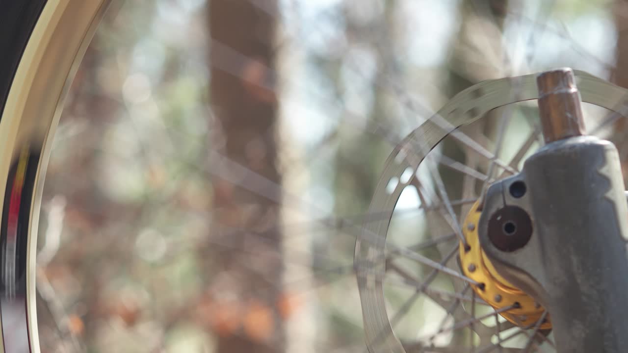 Mountain bike wheel spinning freely while upside down. Close up shot, shallow depth of field. Forest trees and vegetation background, sunny day, real time, no people