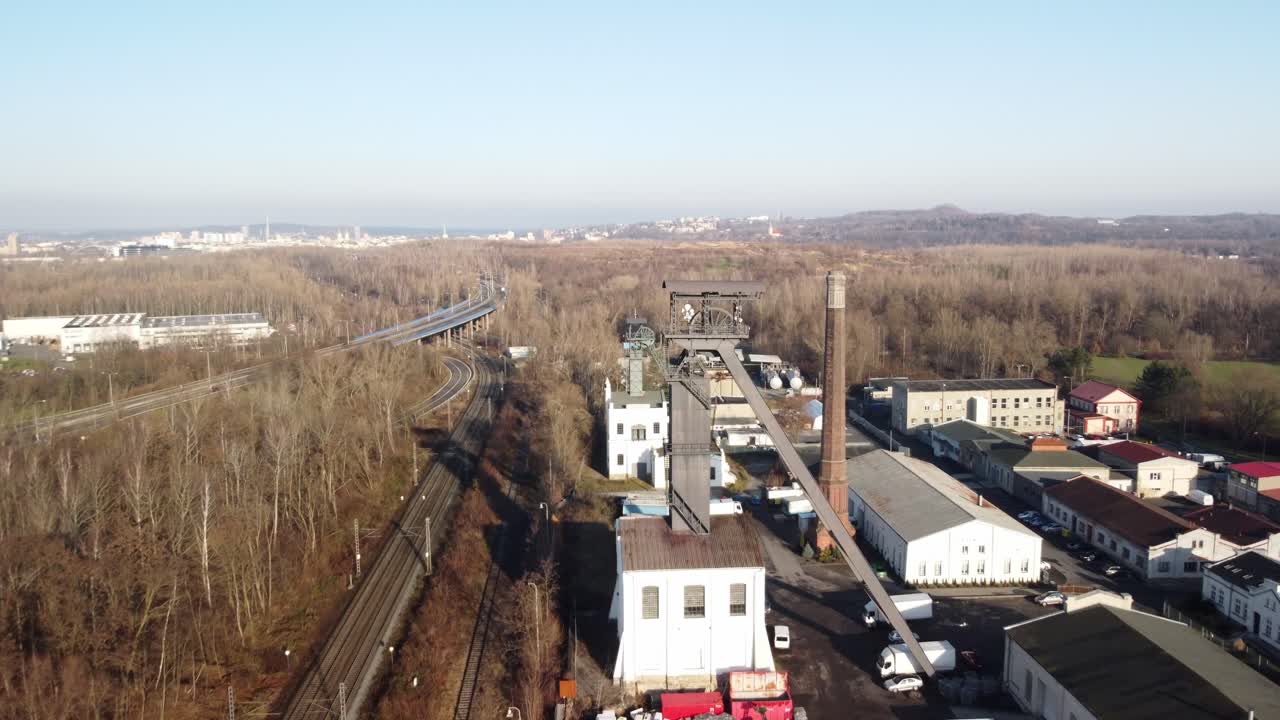 Aerial of unused coal mining complex with red brick structures in Ostrava, Czech Republic