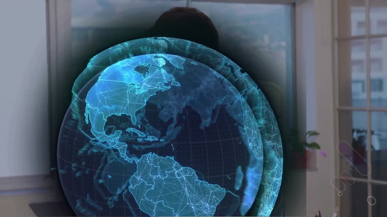 animación de la red global de procesamiento de datos y rayas púrpuras sobre el hombre y la mujer en el trabajo en la oficina