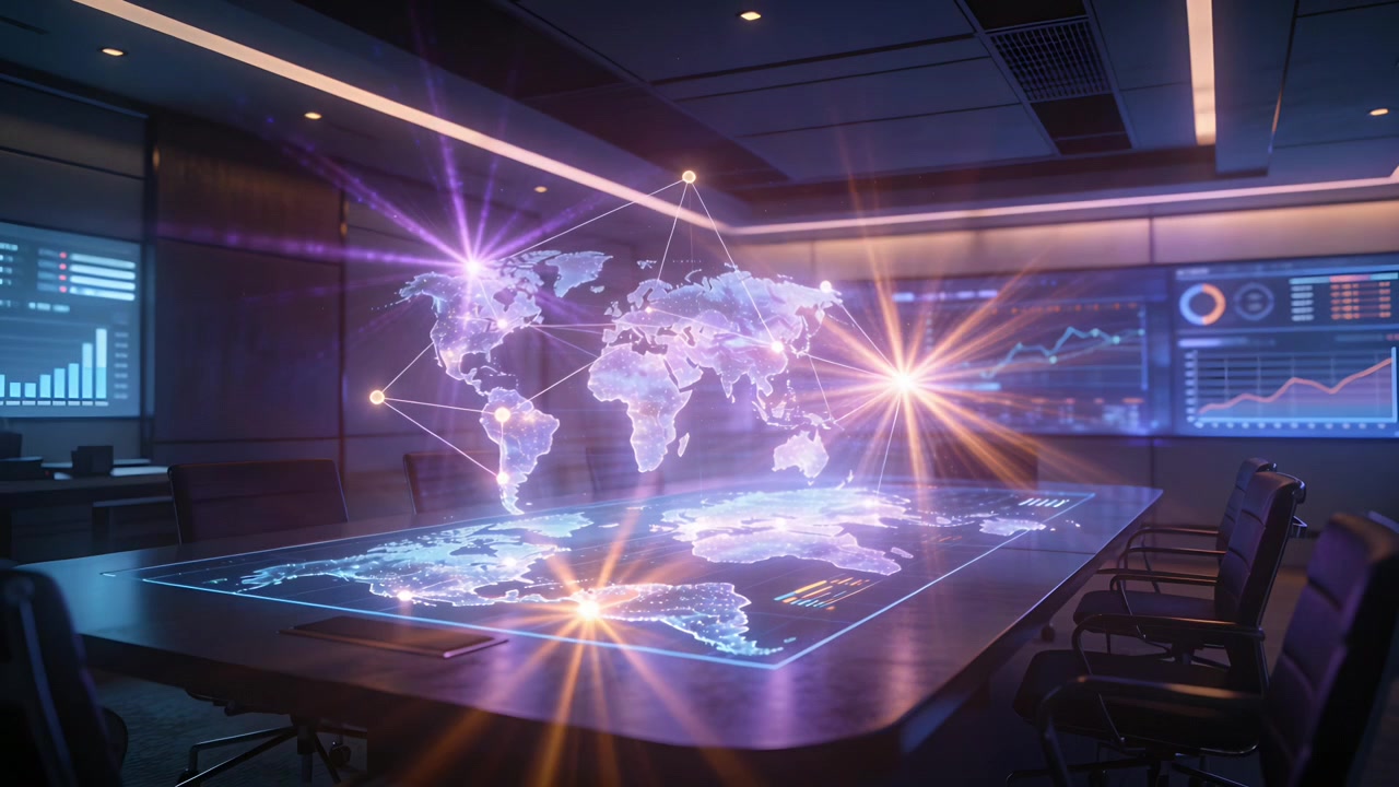 Activating on startup, 3D hologram world map rising above tabletop map, showing network data