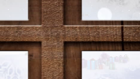 animación del paisaje de invierno, regalos y trineo de santa visto a través de la ventana