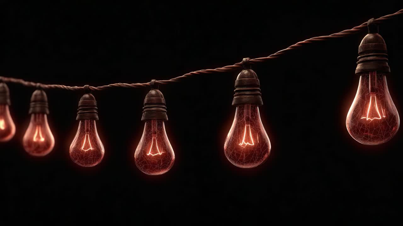 A beautiful transformation of glowing light bulbs suspended on a vintage wire, showcasing their evolution from dimly lit to brightly illuminated in a striking dark background