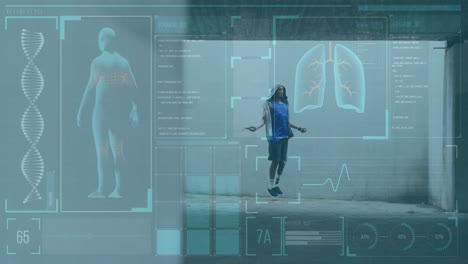 digital health data and anatomy animation over person exercising with jump rope