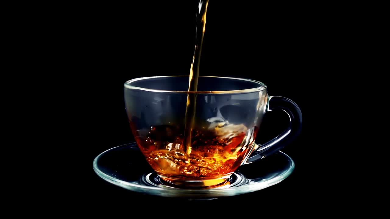 Il tè viene versato nella tazza. Movimento rallentato
