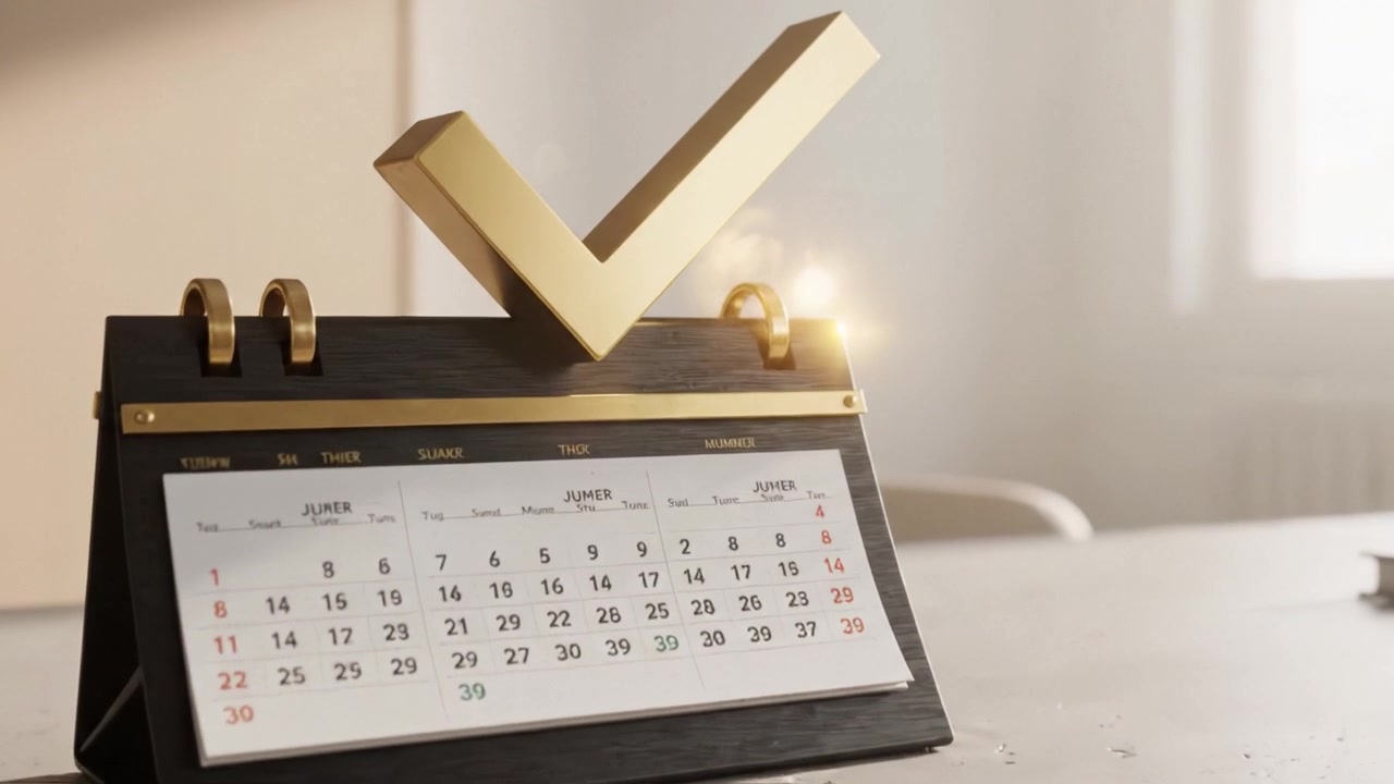 En stilfuld skrivebordskalender med et gyldent flueben, der symboliserer resultater og planlægning på en moderne arbejdsflade oplyst af naturligt lys.