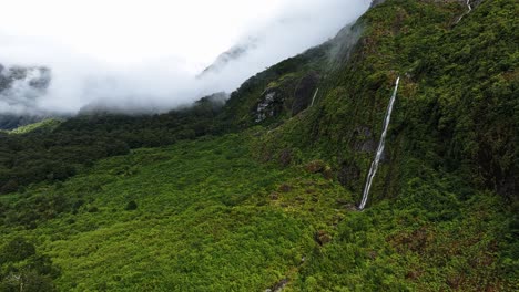 Aerial-dolly-to-tropical-waterfall-cascading-down-into-forested-pool-in-New-Zealand