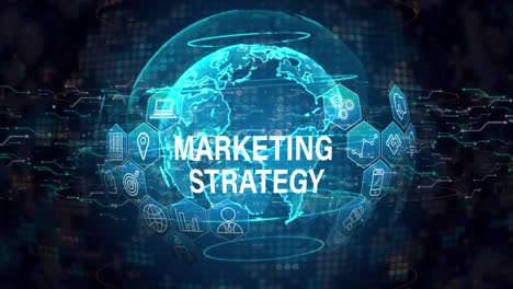 animation of marketing strategy text over globe and data processing