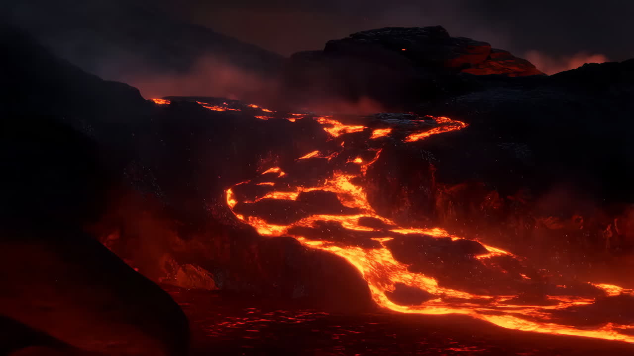 Lava fusa che scorre su un oscuro paesaggio vulcanico di notte