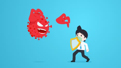 사업가, 마스크를 착용하고 방패를 들고 코로나 바이러스 코비드 4k 루프 애니메이션에서 자신을 보호하십시오.