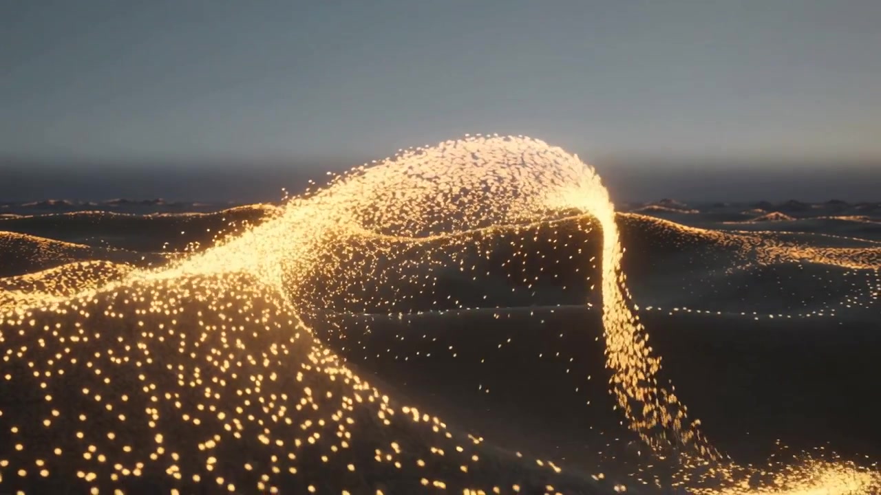Partendo da sinistra, un nastro dorato forma un arco, si snoda sulle dune e si riversa in una pozza luminosa di particelle.