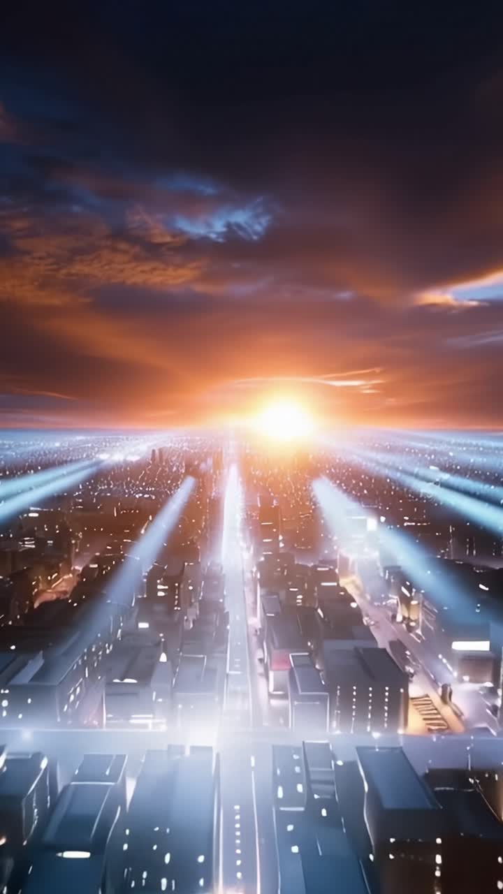Breathtaking Urban Sunset Over Cityscape, Capturing the Transition from Day to Night with Vibrant Colors and Illuminated Skyscrapers in a Futuristic Setting