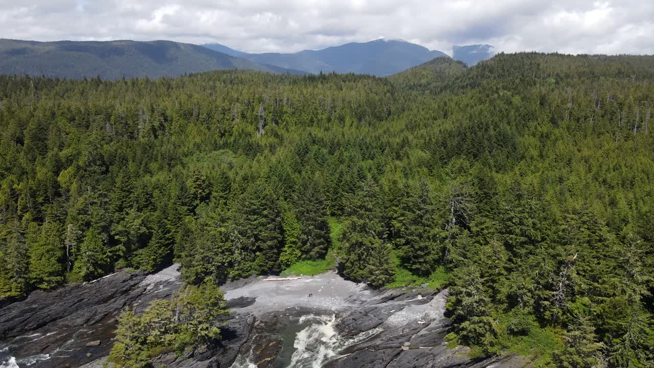 riprese aeree 4k di volo all'indietro sopra la spiaggia botanica che rivelano bellissime montagne e infinite foreste pluviali costiere dell'isola di vancouver